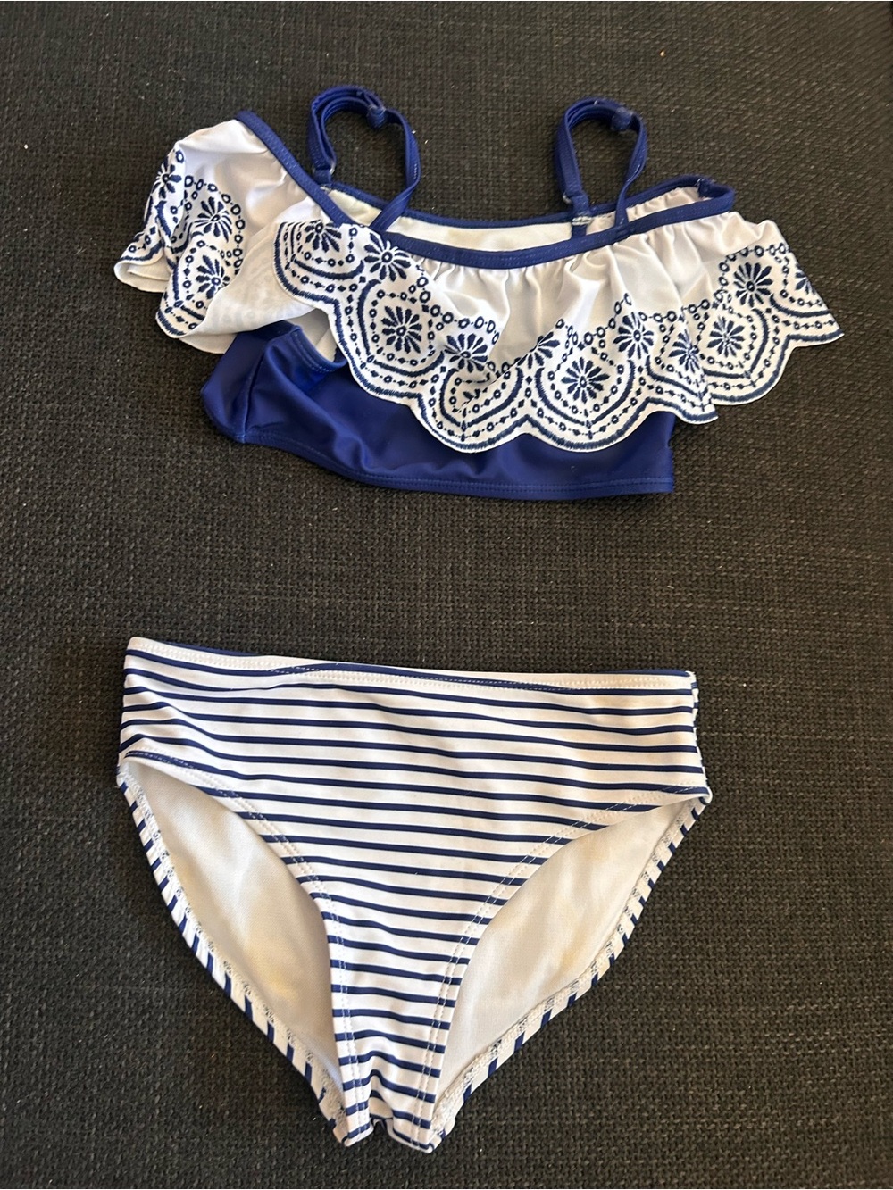 Blue & White Two-Piece Bikini Set - Ruffle Top & Striped Bottom